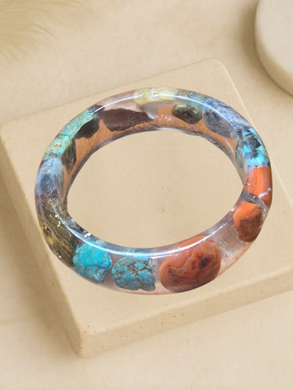 Earth Art hand crafted artisan Turquoise Blue & Jasper Orange Resin Bangle